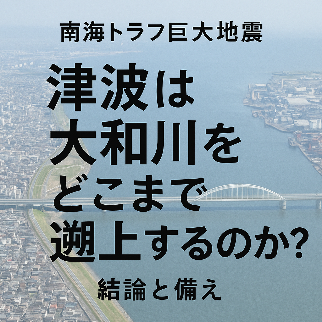 南海トラフ巨大地震による津波浸水想定をテーマにしたイラスト。大和川の河口と臨海低地の市街地を上空から描き、沖合から迫る津波の波を重ねて津波リスクを示している